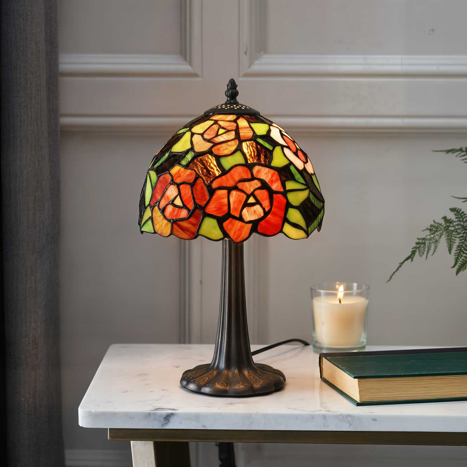 Abat Jour Tiffany con Rose Rosse Piccola, 20cm 1 Abat Jour Tiffany con Rose Rosse Piccola