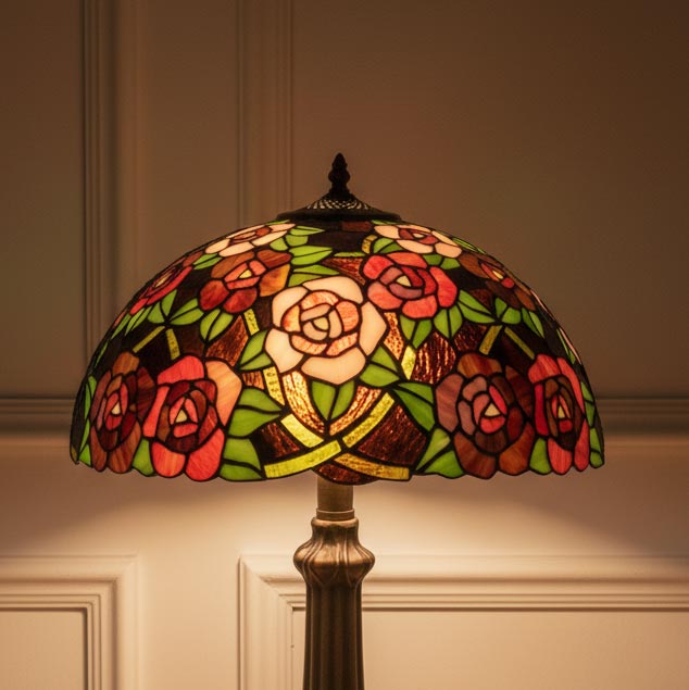 Lampada da Tavolo con Rose Rosse Tiffany Media, dettagli paralume tiffany