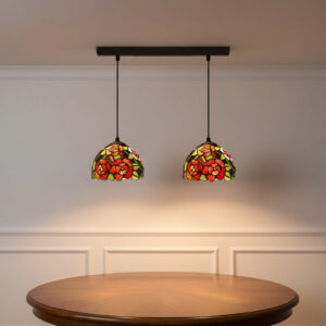 Lampadario Tiffany a Doppia Sospensione con Rose Rosse