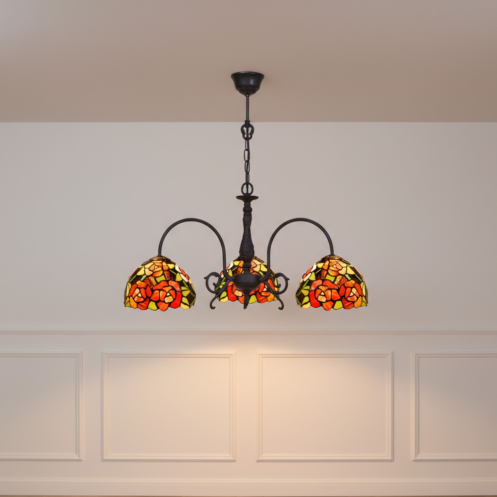 Lampadario a Bracci Tiffany con Rose Rosse, largo 64cm 2 Lampadario a Bracci Tiffany con Rose Rosse