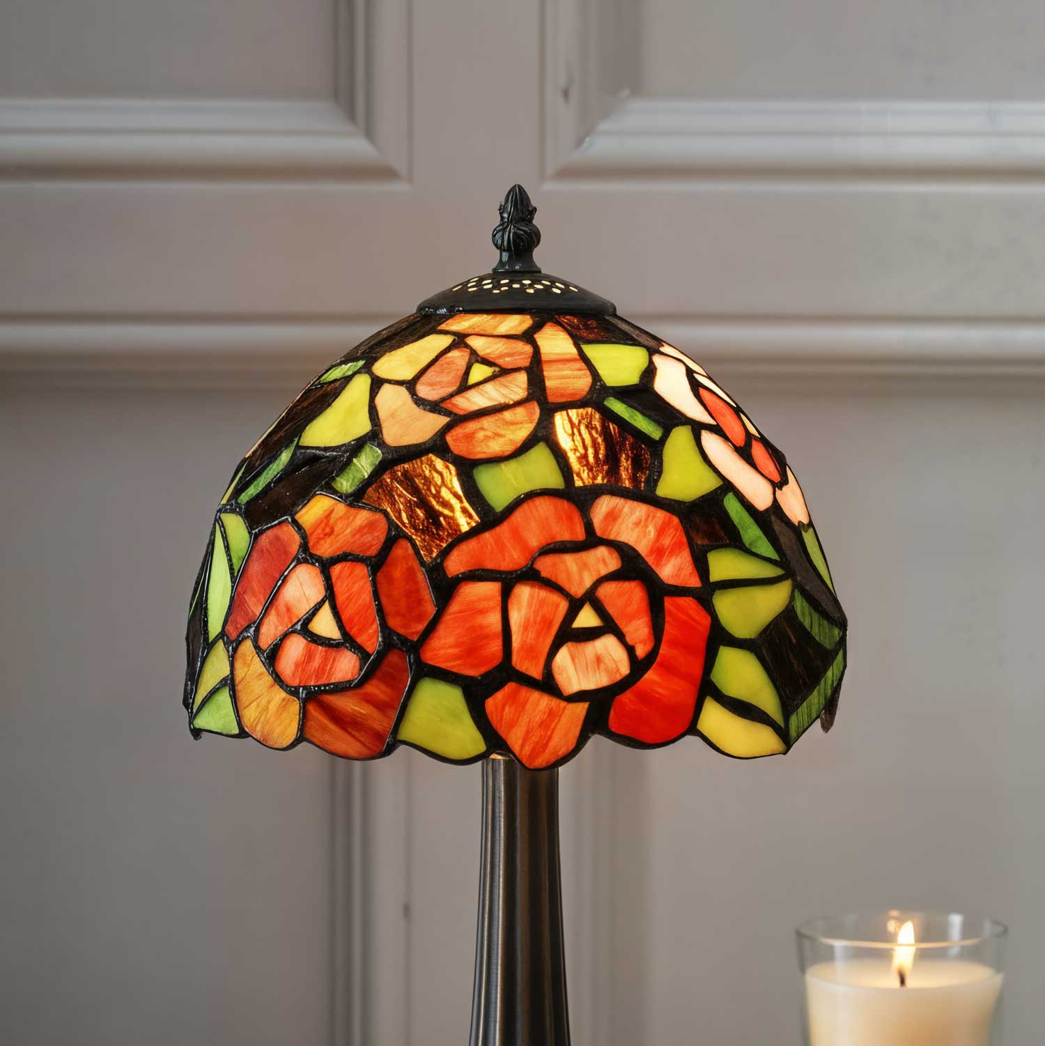 Abat Jour Tiffany con Rose Rosse Piccola, 20cm 3 Abat Jour Tiffany con Rose Rosse Piccola, paralume tiffany