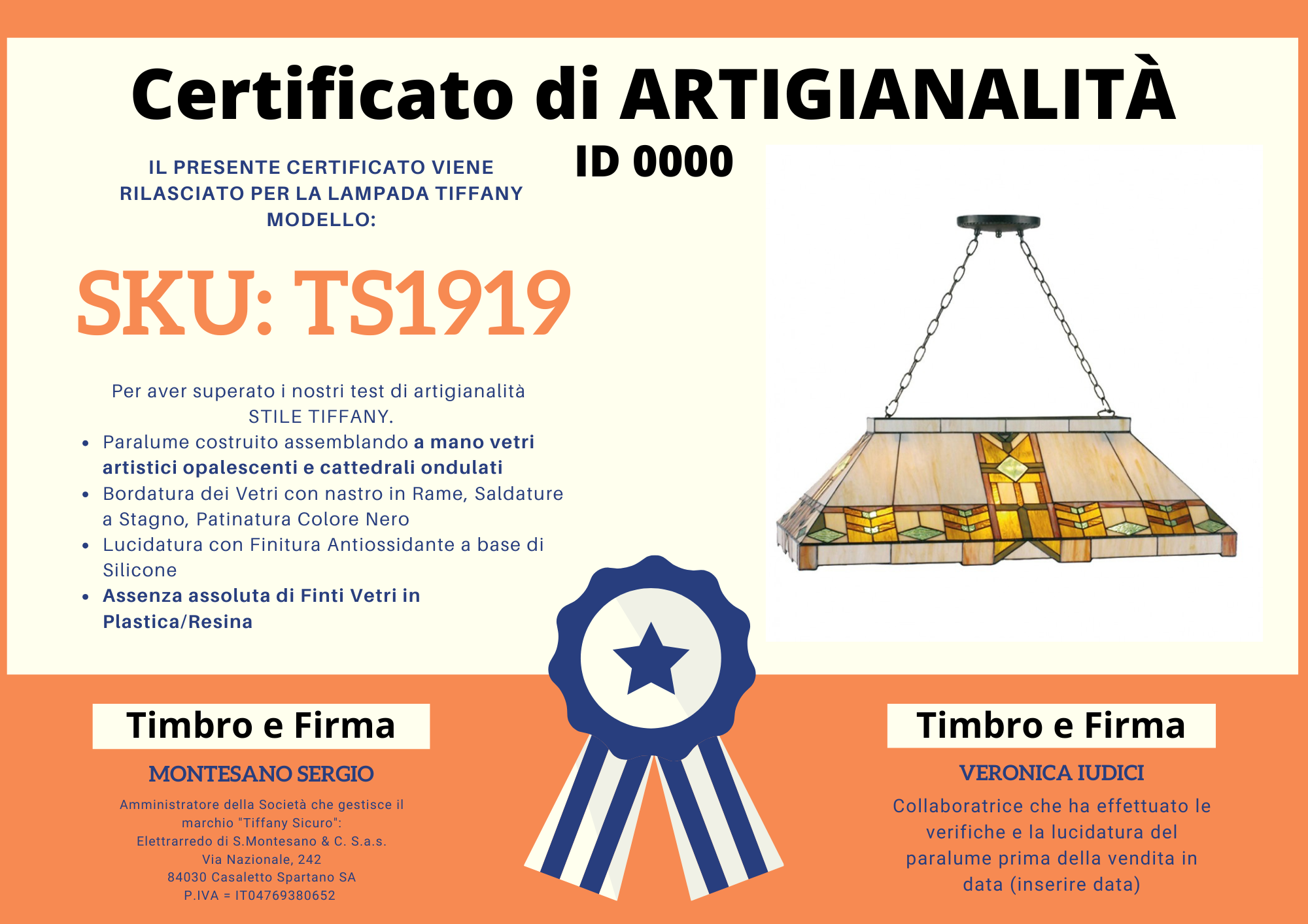 Lampada per Biliardo Tiffany, certificato