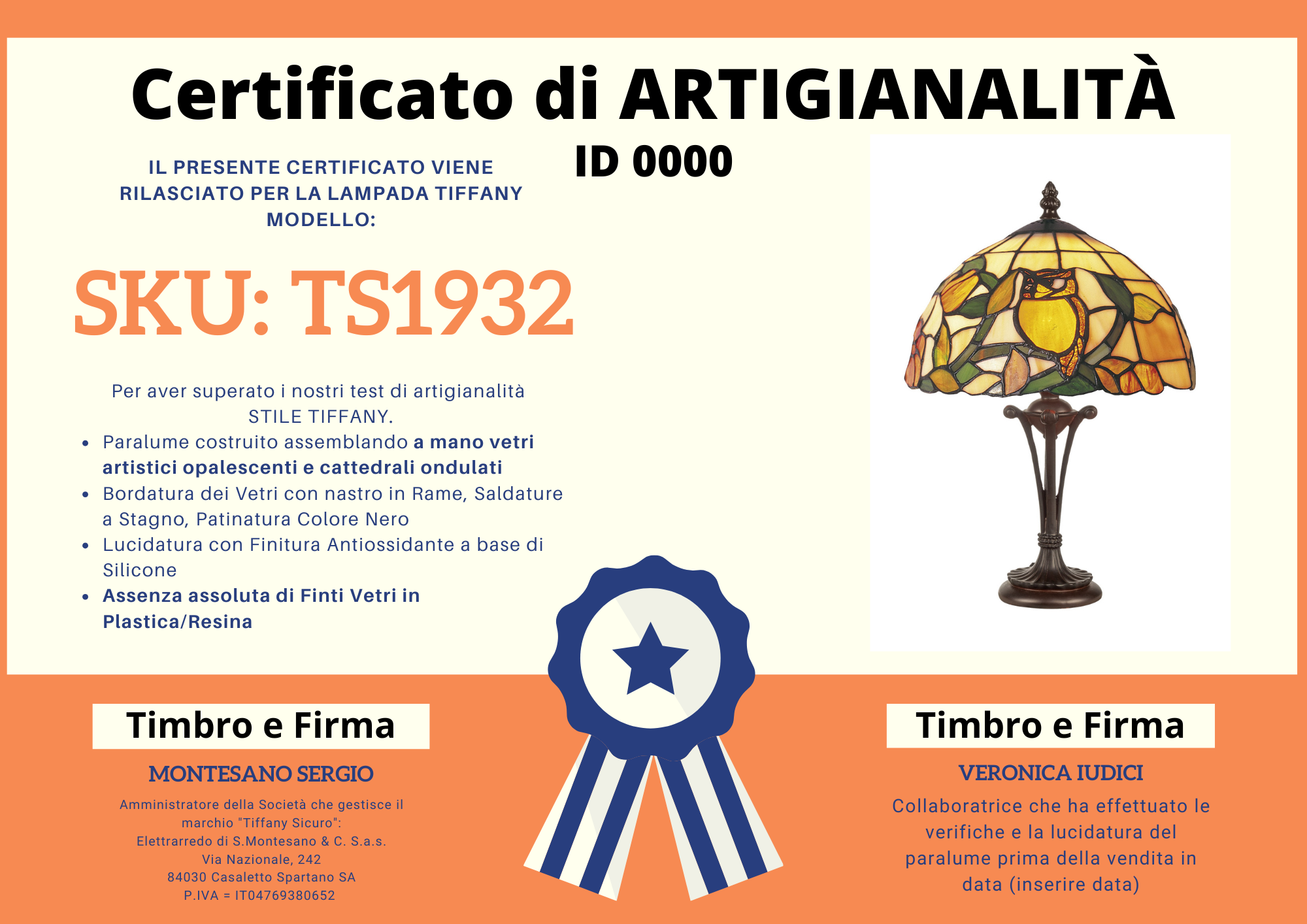 Abat Jour Tiffany Gufo, certificato