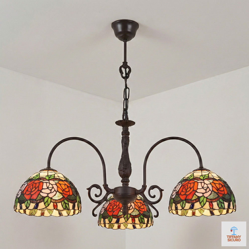 Lampadario a Bracci Tiffany con Rose, largo 64cm 1 Lampadario a Bracci Tiffany con Rose