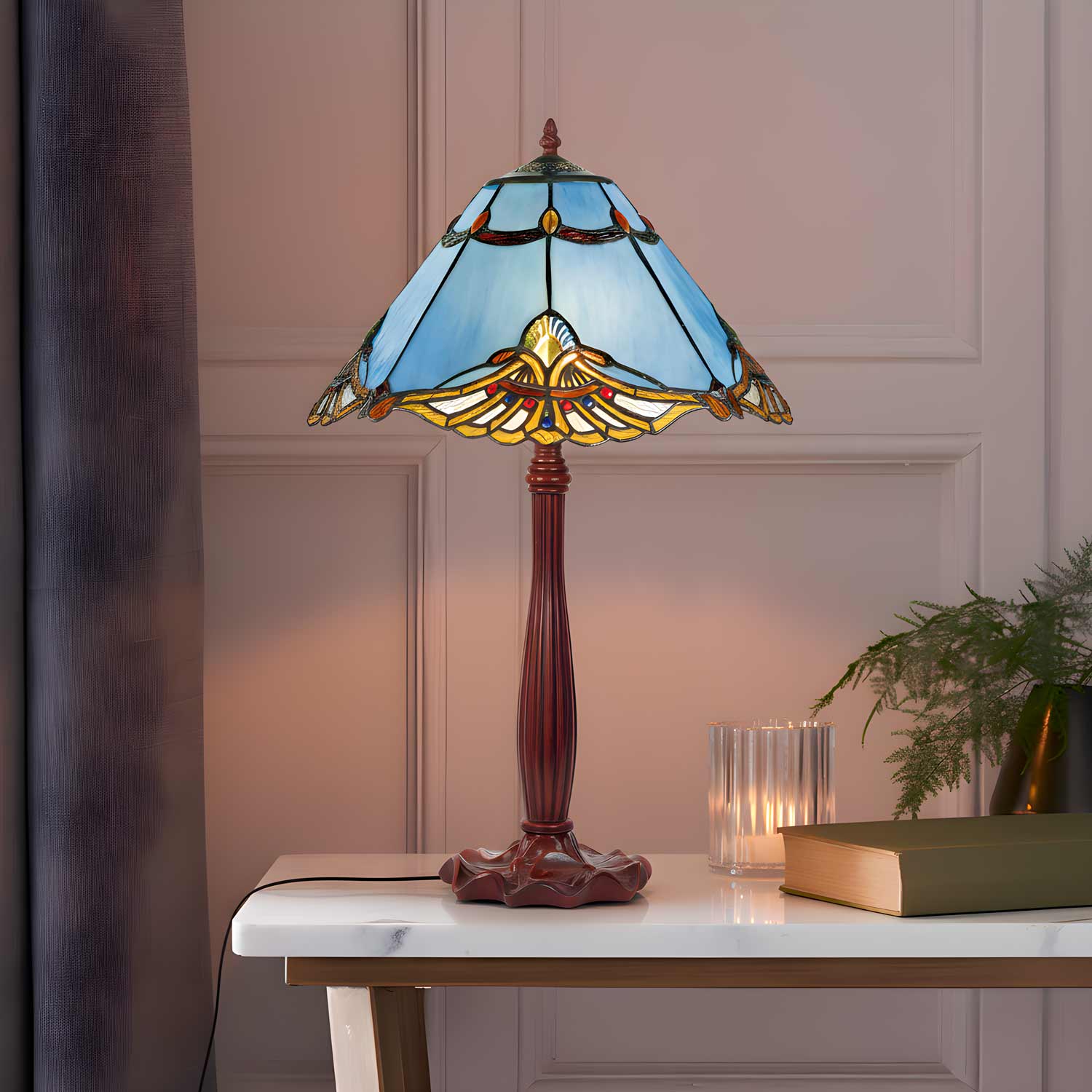 Lampada Stile Liberty Celeste da Tavolo Tiffany, 40cm 1 Lampada Stile Liberty Celeste da Tavolo Tiffany