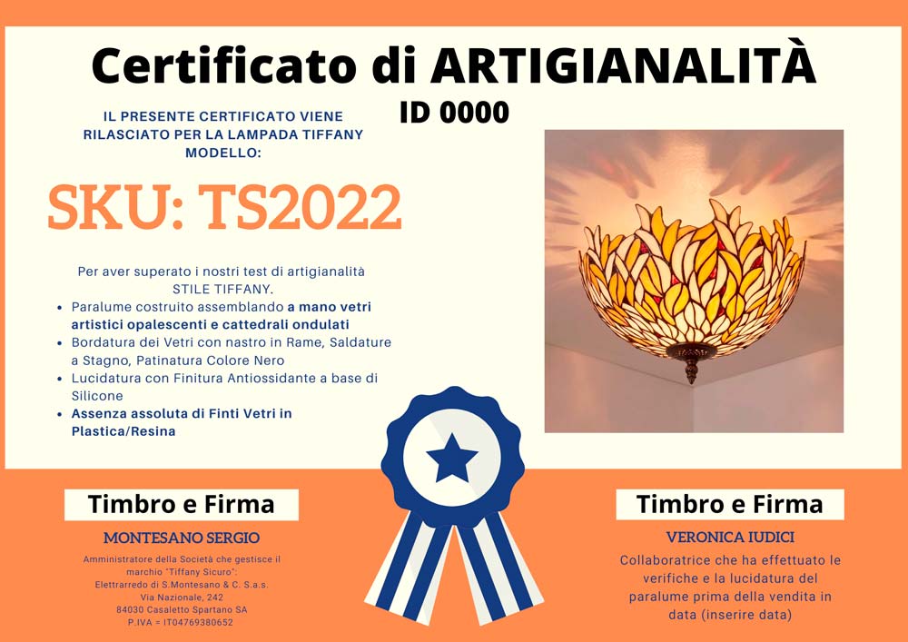 Plafoniera Tiffany Foglie, 40cm 3 Plafoniera Tiffany Foglie, certificato