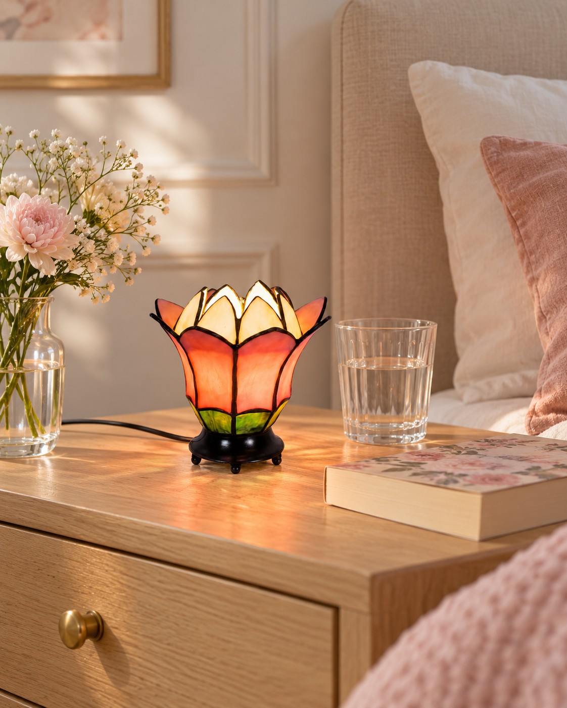 Abat Jour Fiore Tiffany, 16cm 3 Piccola lampada Tiffany a forma di fiore su comodino chiaro.