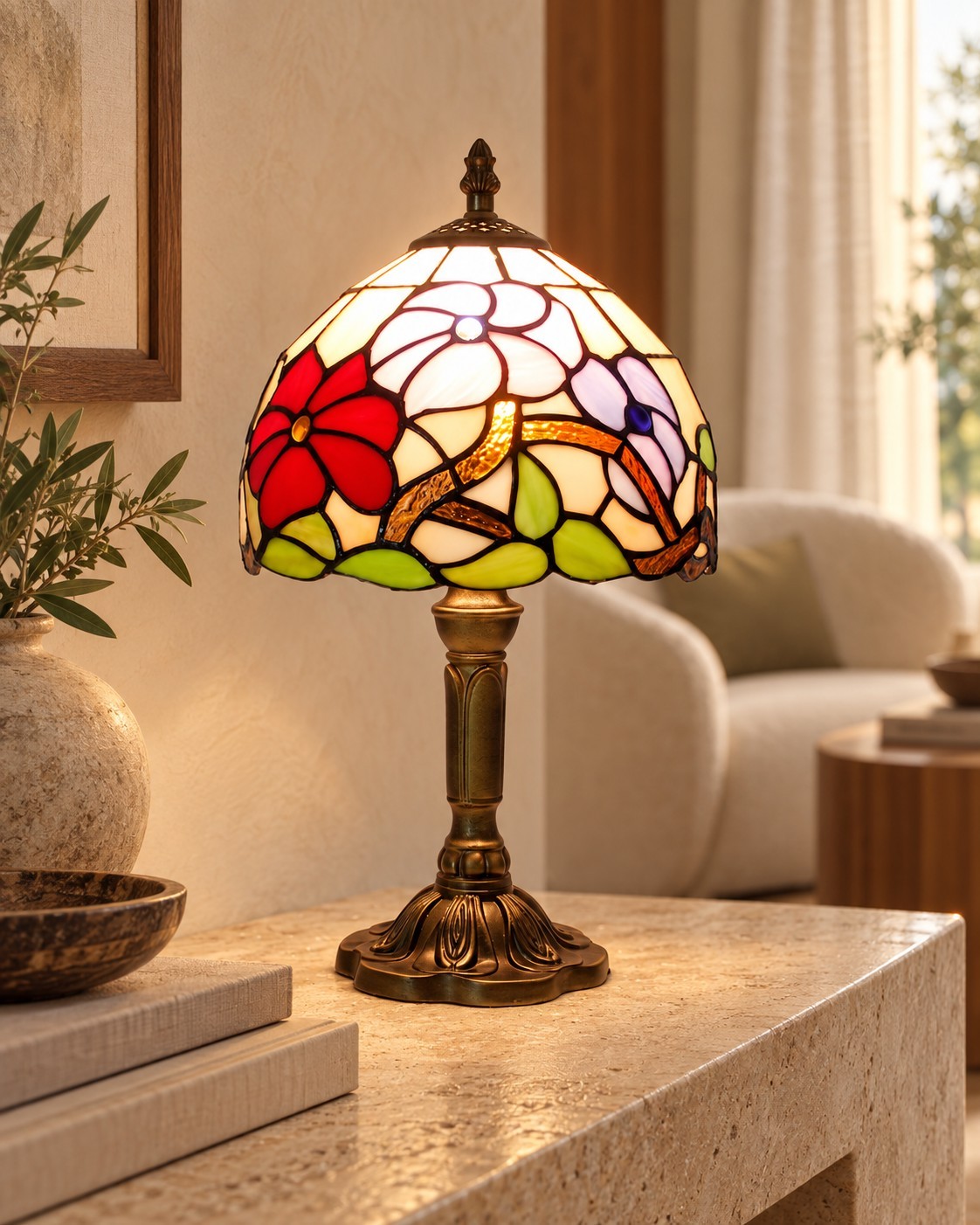 Abat Jour Tiffany con Fiori Colorati, 20cm 3 Abat Jour Tiffany con Fiori Colorati, 20cm in ambiente