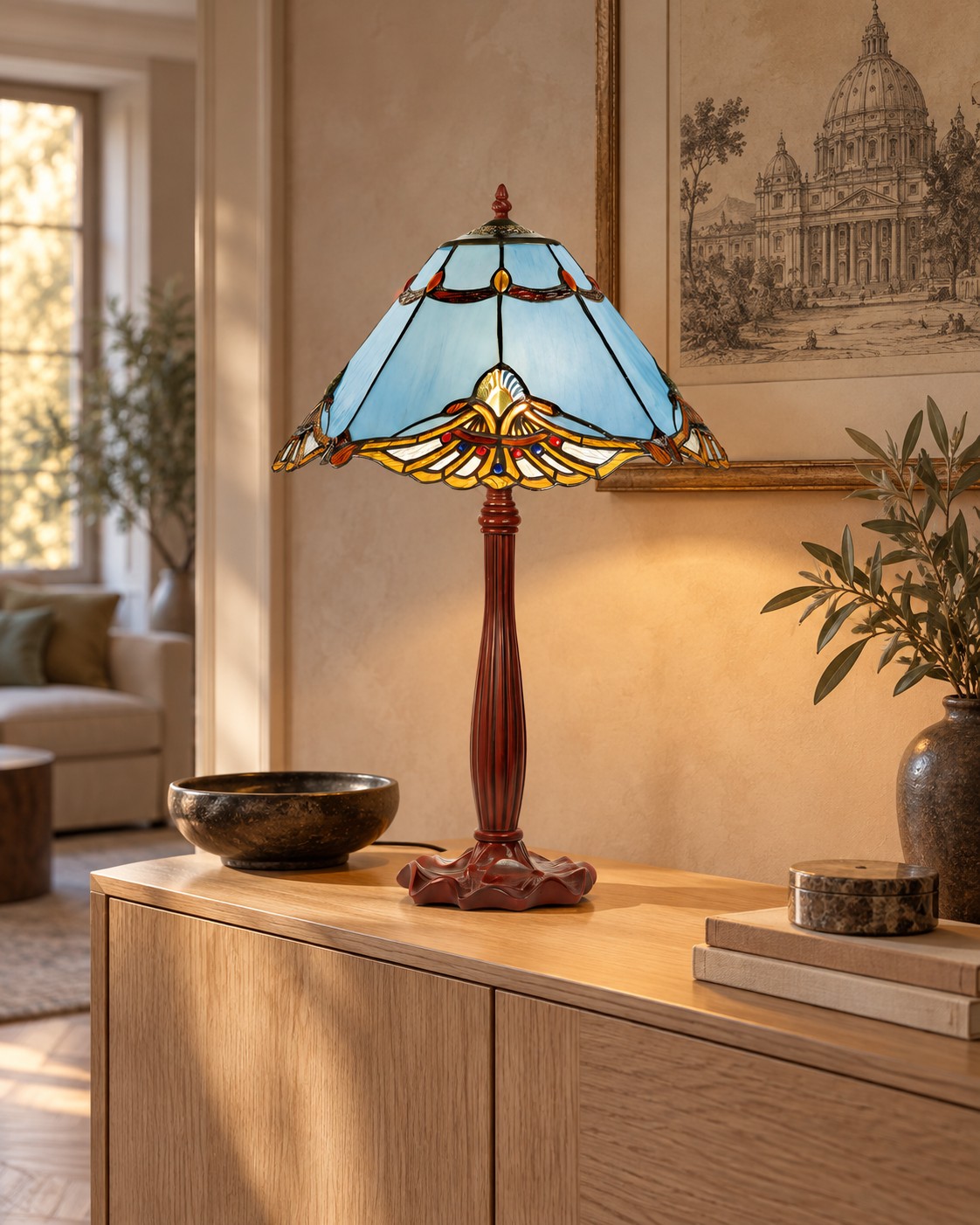 Lampada Stile Liberty Celeste da Tavolo Tiffany, 40cm 4 Lampada Tiffany Liberty celeste su madia in rovere.