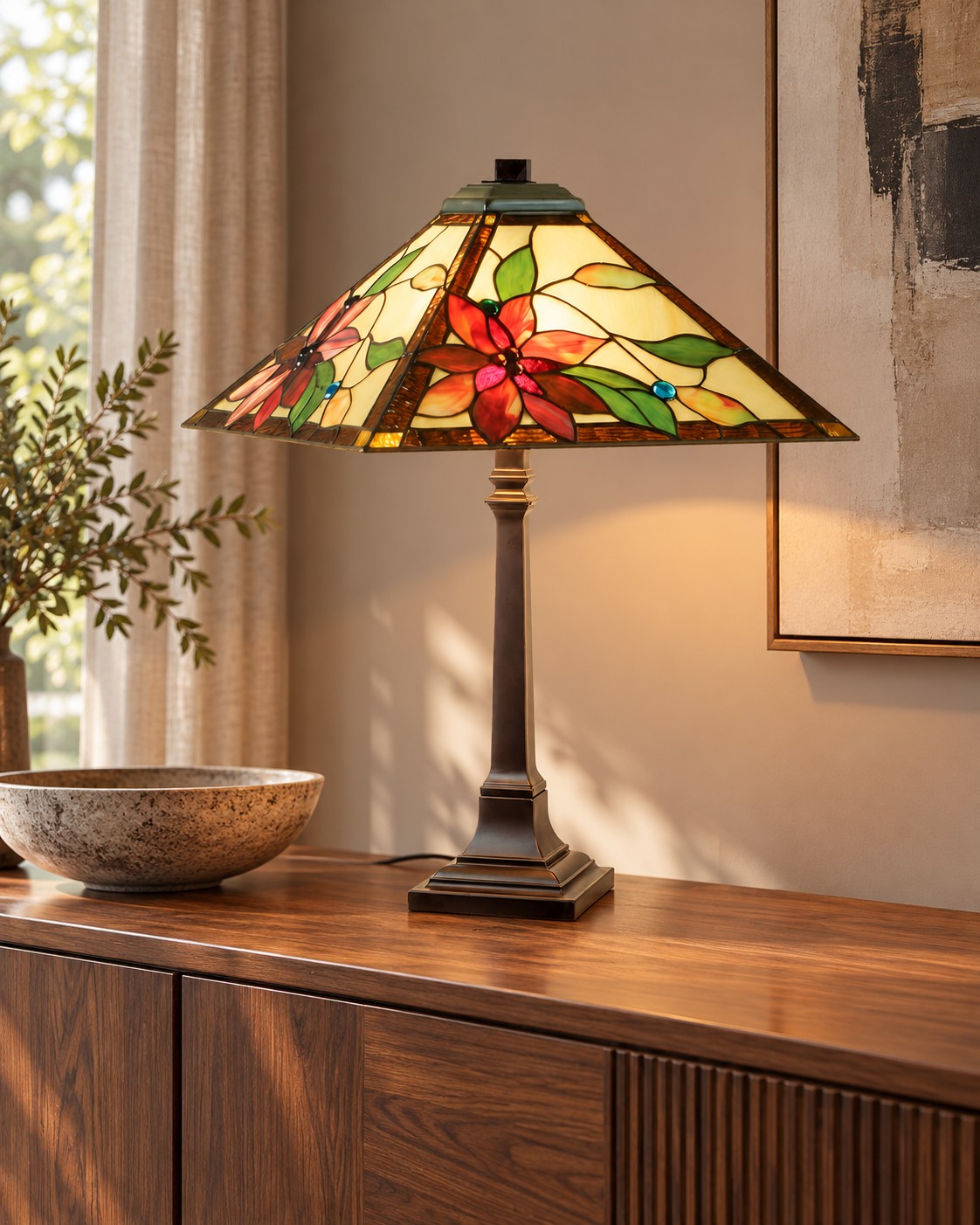 Lampada da Tavolo Moderna con Fiori in Stile Tiffany, 43cm 4 Lampada Tiffany con paralume quadrato floreale su una madia in noce.