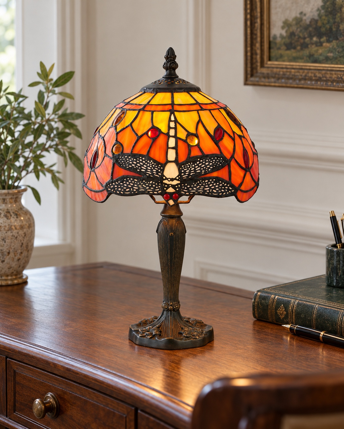 Abat Jour Tiffany Art Nouveau con Libellule, 20cm 12 Lampada Tiffany Art Nouveau TS1072 sullo scrittoio