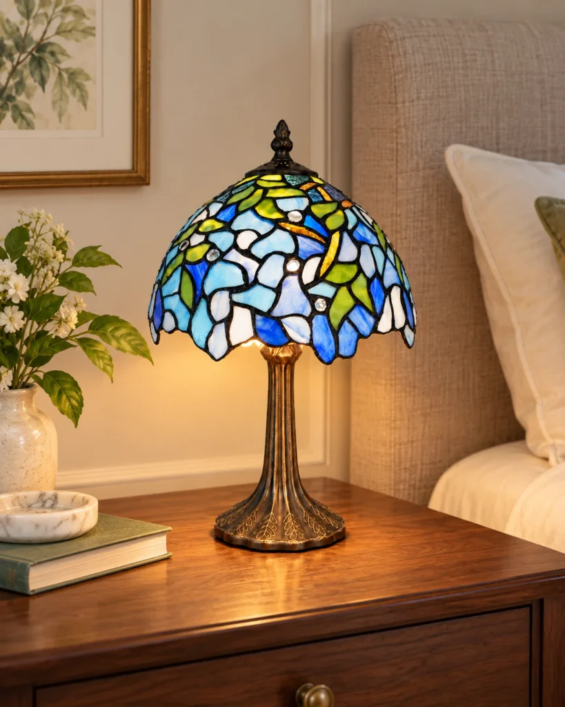 Guarda il video di Abatjour Tiffany o Lampada Tiffany da Comodino Viola Azzurra Verde, 25cm