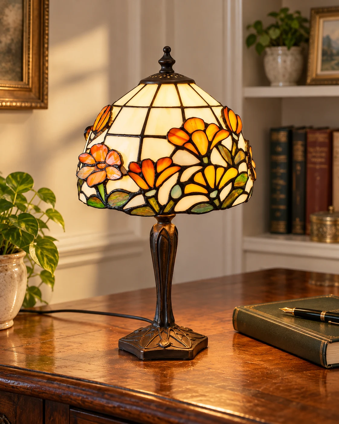 Abatjour Tiffany Floreale con Vetri Rialzati, 20cm 11 Lampada Tiffany TS1121 sullo scrittoio