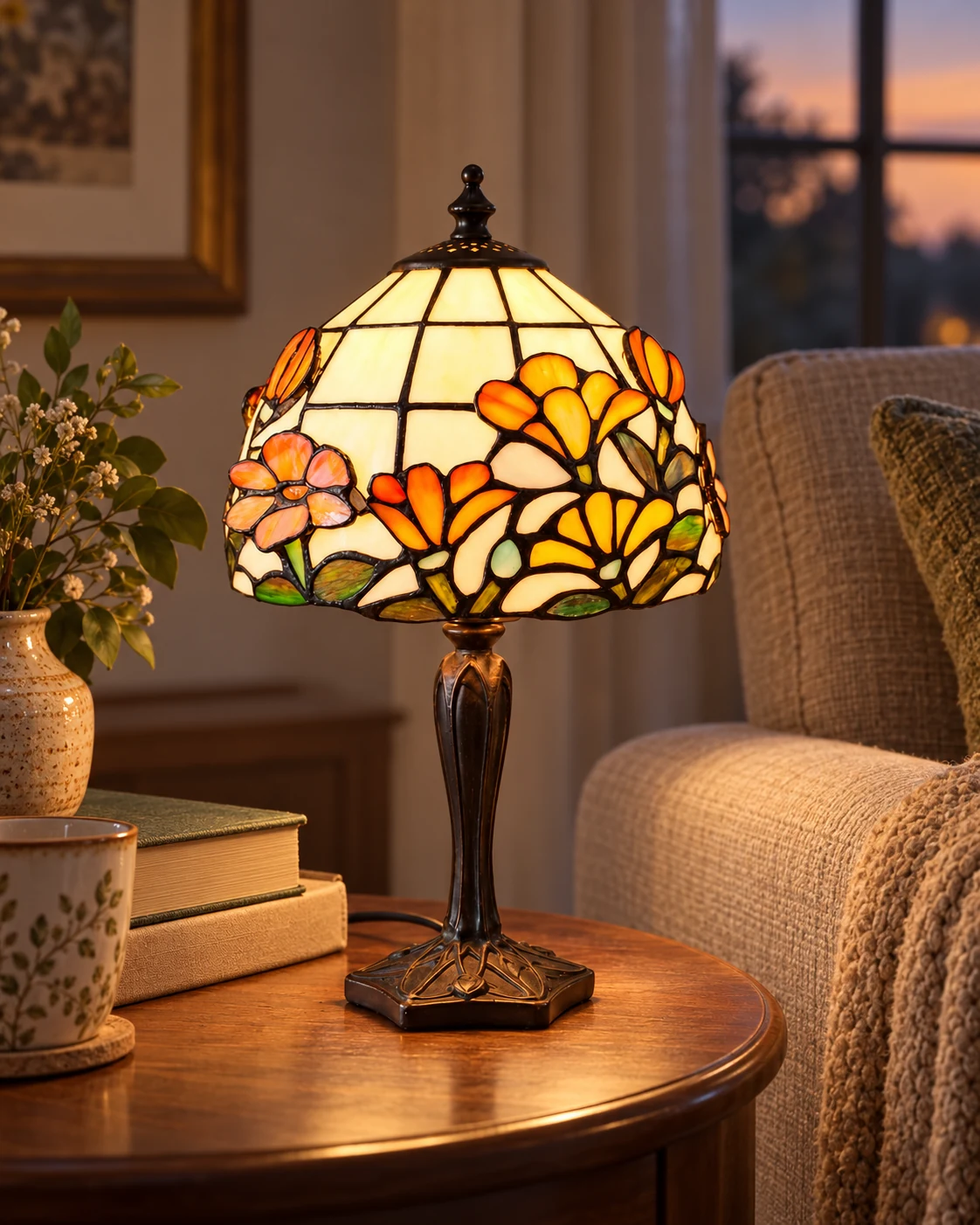 Abatjour Tiffany Floreale con Vetri Rialzati, 20cm 13 Lampada Tiffany TS1121 in soggiorno alla sera
